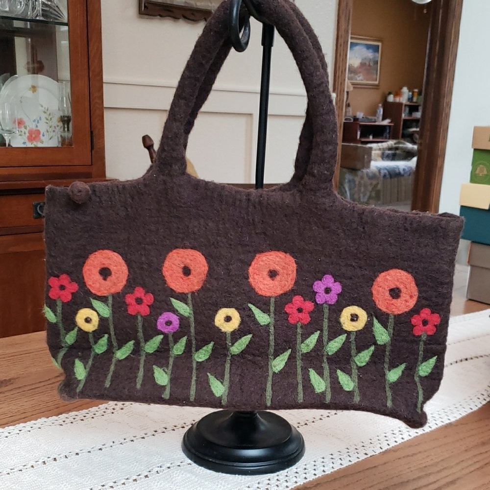 Floral Felt Tote Bag - Brown with Multicolor Accents